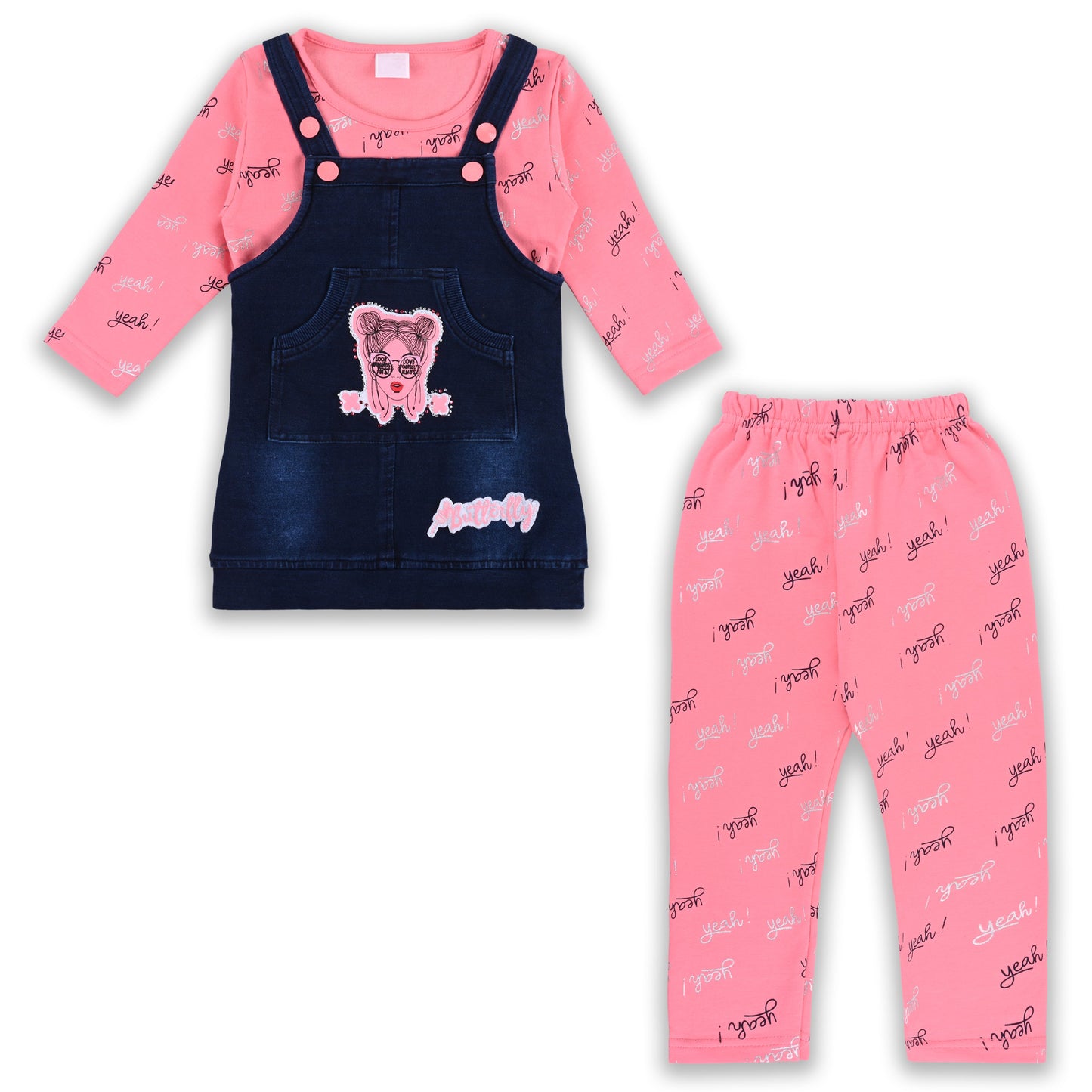 Baby Girls Hosiery Cotton Dungaree Set â€“ Denim Look with Full Sleeves & Leggings