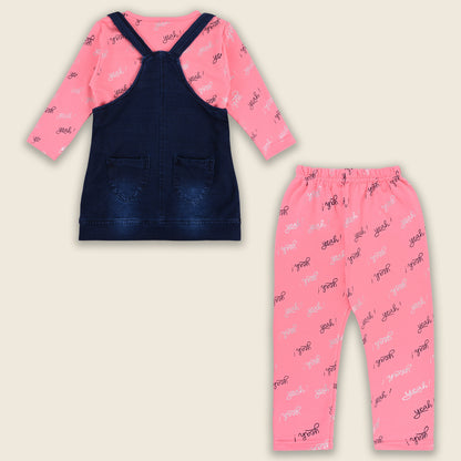 Baby Girls Hosiery Cotton Dungaree Set â€“ Denim Look with Full Sleeves & Leggings