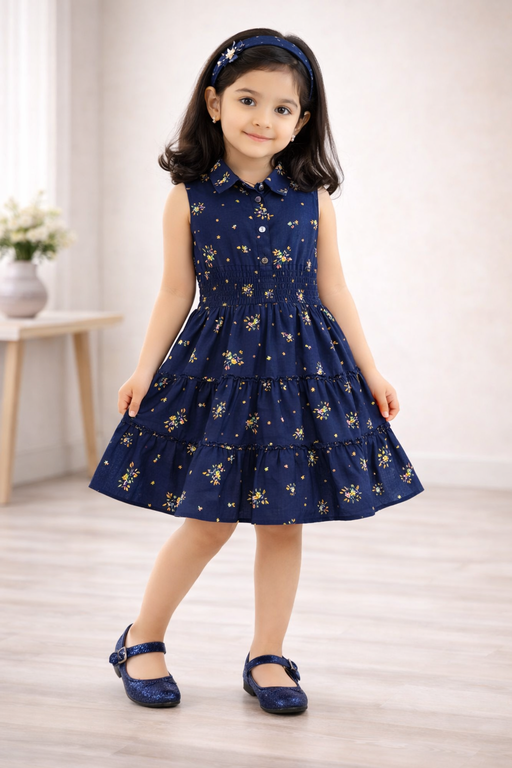 Girls Red Floral Tiered Shirt Dress