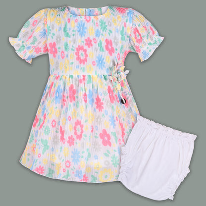 Baby Girl Georgette Floral Print Frock with Puff Sleeves & Bloomers â€“ Party Wear Dress for Kids