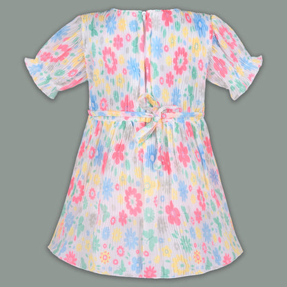 Baby Girl Georgette Floral Print Frock with Puff Sleeves & Bloomers â€“ Party Wear Dress for Kids
