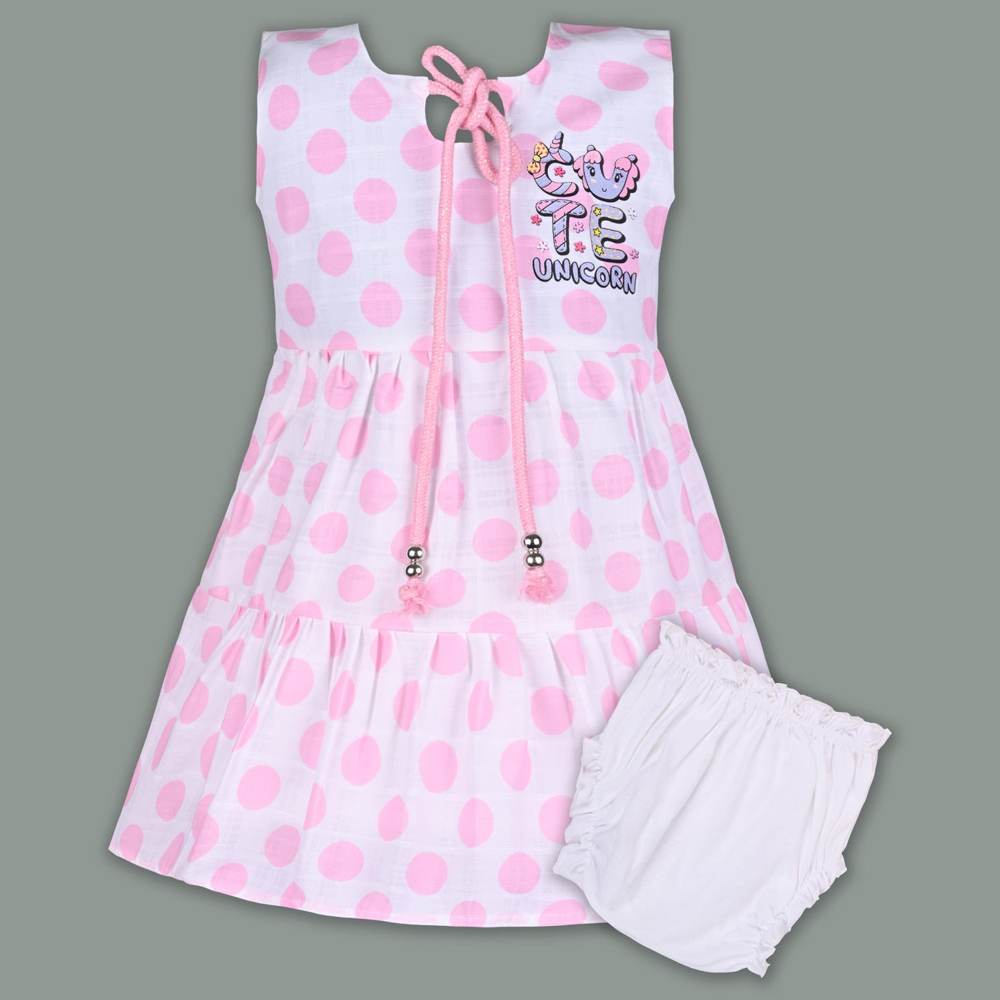 Baby Girl Satin Polka Dot Frock with Cute Unicorn Patch & Bloomers â€“ Party Wear Dress for Kids