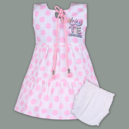 Baby Girl Satin Polka Dot Frock with Cute Unicorn Patch & Bloomers â€“ Party Wear Dress for Kids