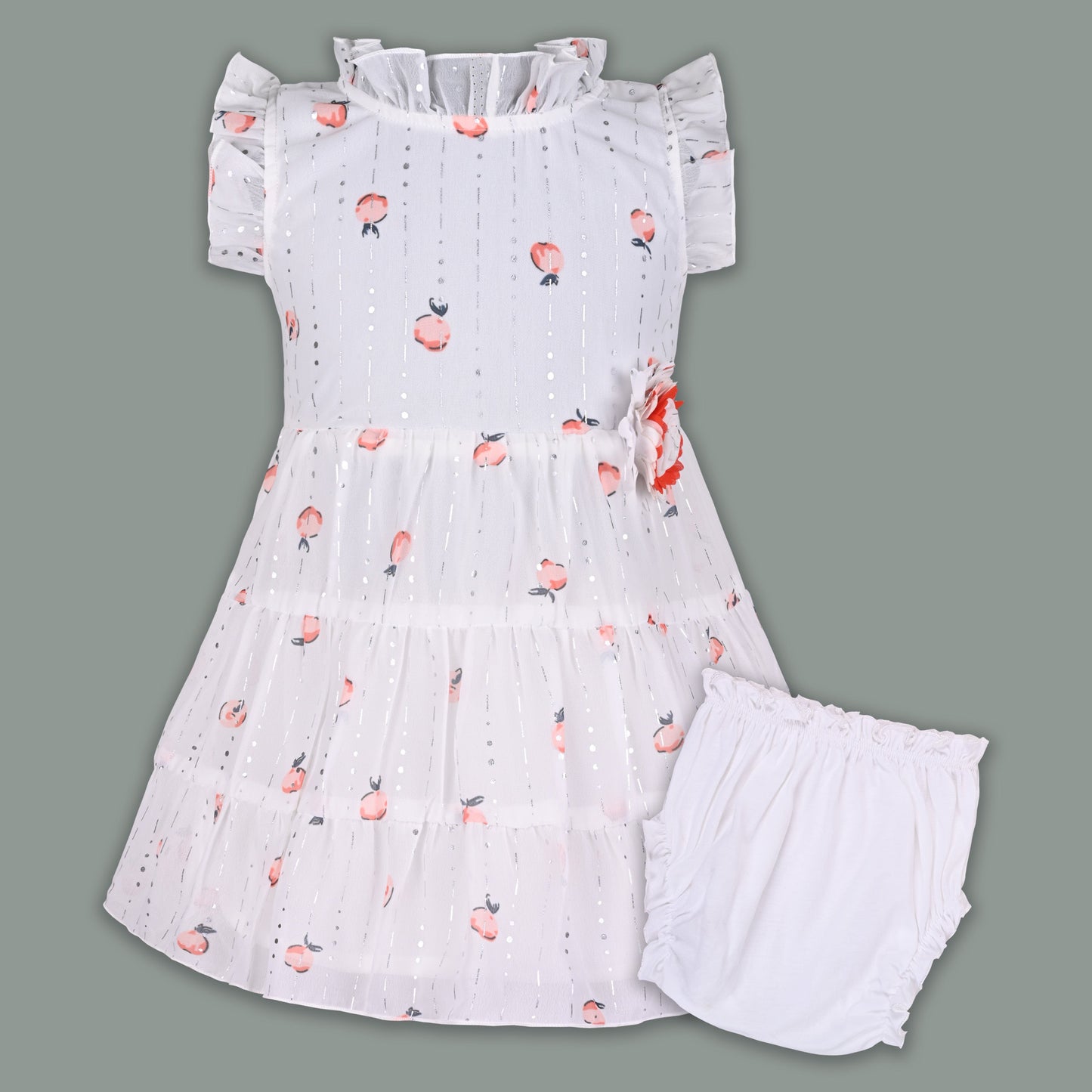 Baby Girl Georgette White Frock with Peach Print & Bloomers â€“ Party Wear Dress for Kids