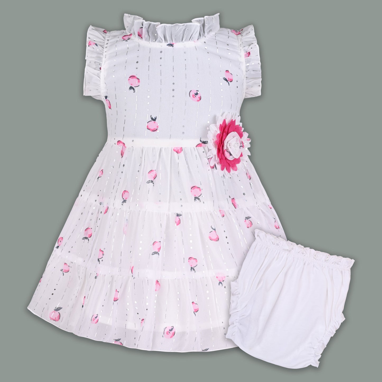 Baby Girl Georgette White Frock with Peach Print & Bloomers â€“ Party Wear Dress for Kids