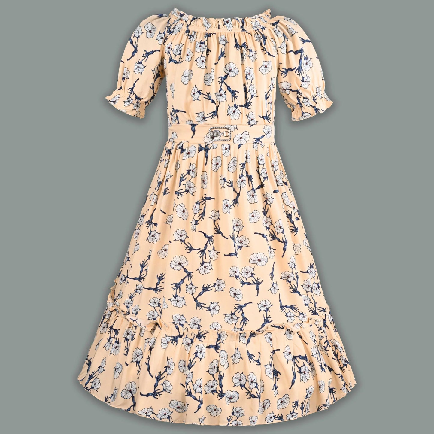 Girls Printed Puff Sleeve Midi Dress