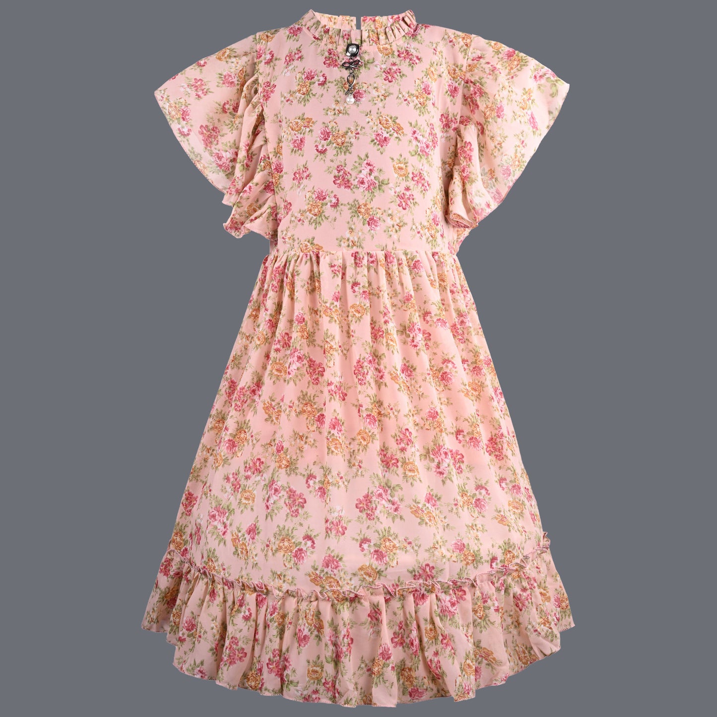 Girls Floral Print Flutter Sleeve Casual Dress