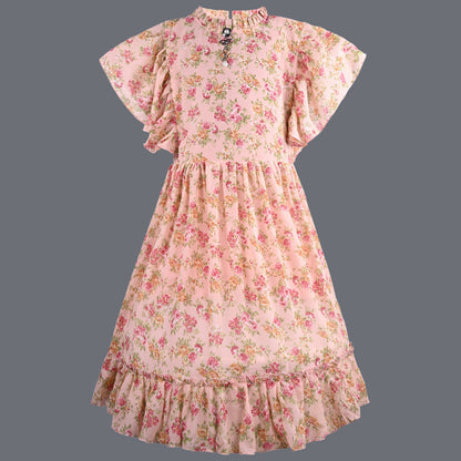 Girls Floral Print Flutter Sleeve Casual Dress