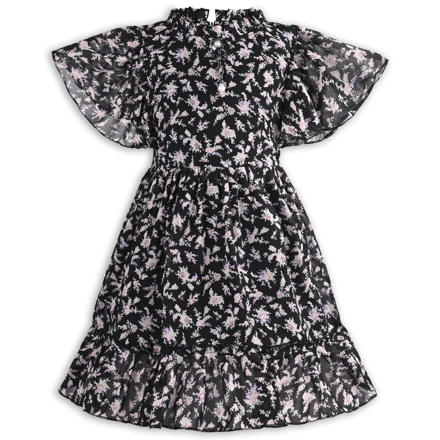 Girls Floral Print Georgette Casual Dress with Flared Sleeves