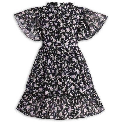 Girls Floral Print Georgette Casual Dress with Flared Sleeves