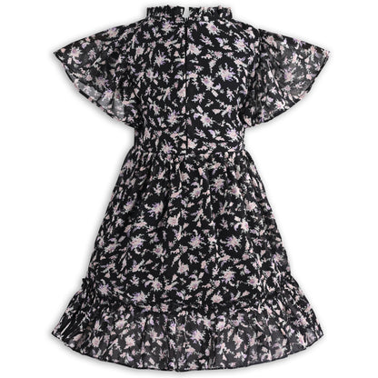 Girls Floral Print Georgette Casual Dress with Flared Sleeves