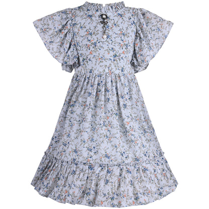 Girls Floral Print Flutter Sleeve Casual Dress