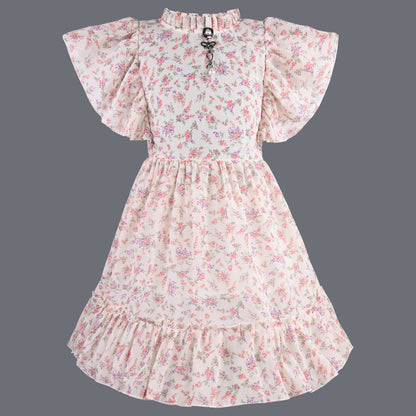 Girls Floral Print Flutter Sleeve Casual Dress