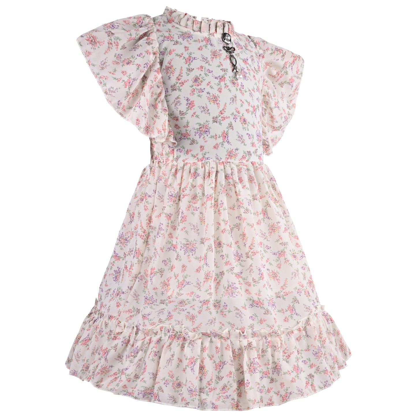 Girls Floral Print Flutter Sleeve Casual Dress