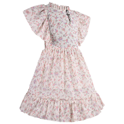 Girls Floral Print Flutter Sleeve Casual Dress