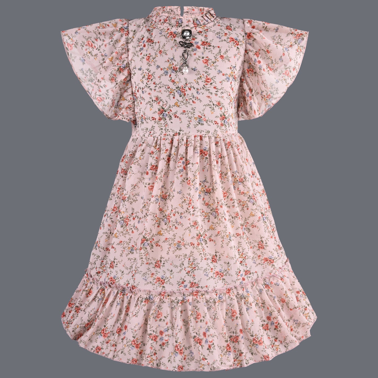 Girls Floral Print Flutter Sleeve Casual Dress