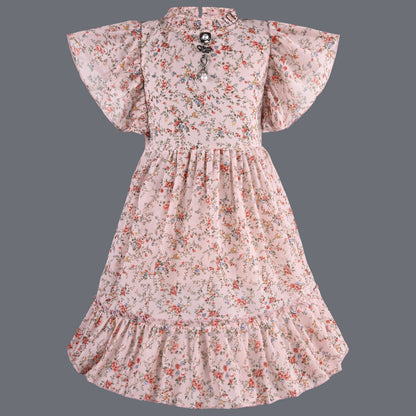 Girls Floral Print Flutter Sleeve Casual Dress