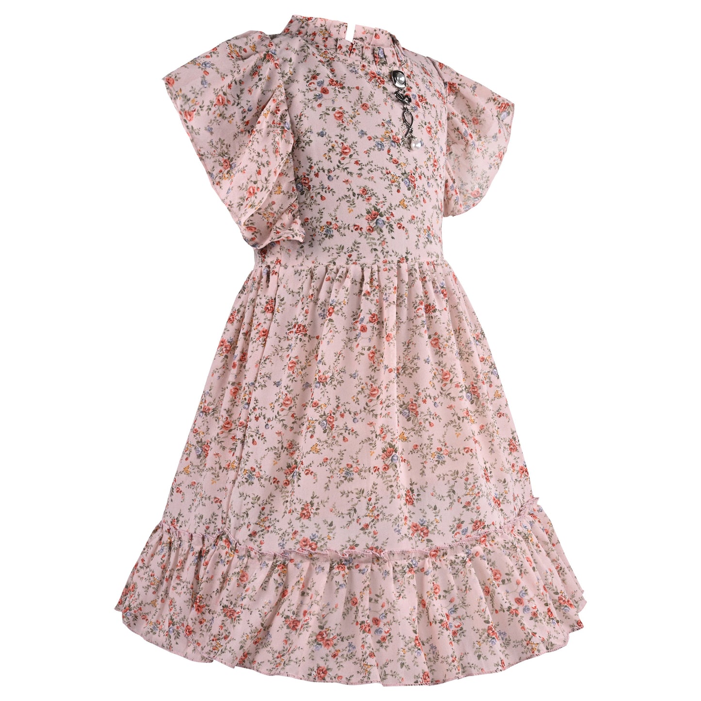 Girls Floral Print Flutter Sleeve Casual Dress