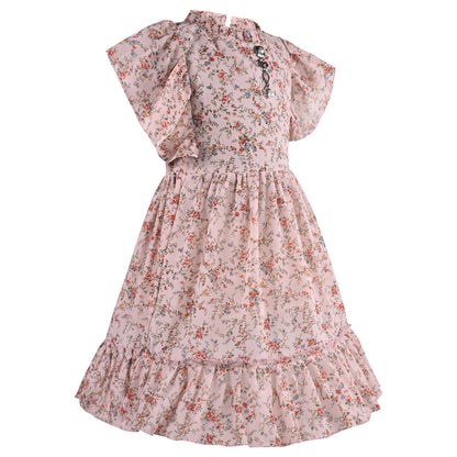 Girls Floral Print Flutter Sleeve Casual Dress