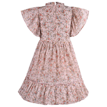 Girls Floral Print Flutter Sleeve Casual Dress