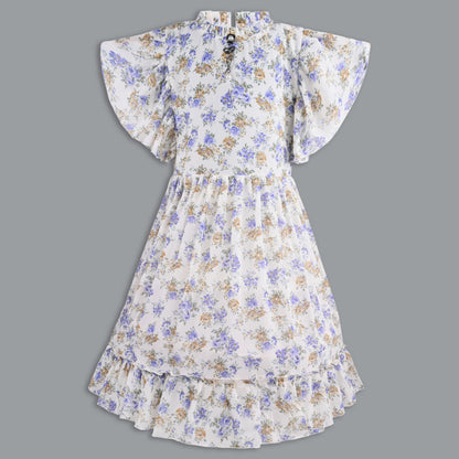 Girls Floral Print Flutter Sleeve Casual Dress