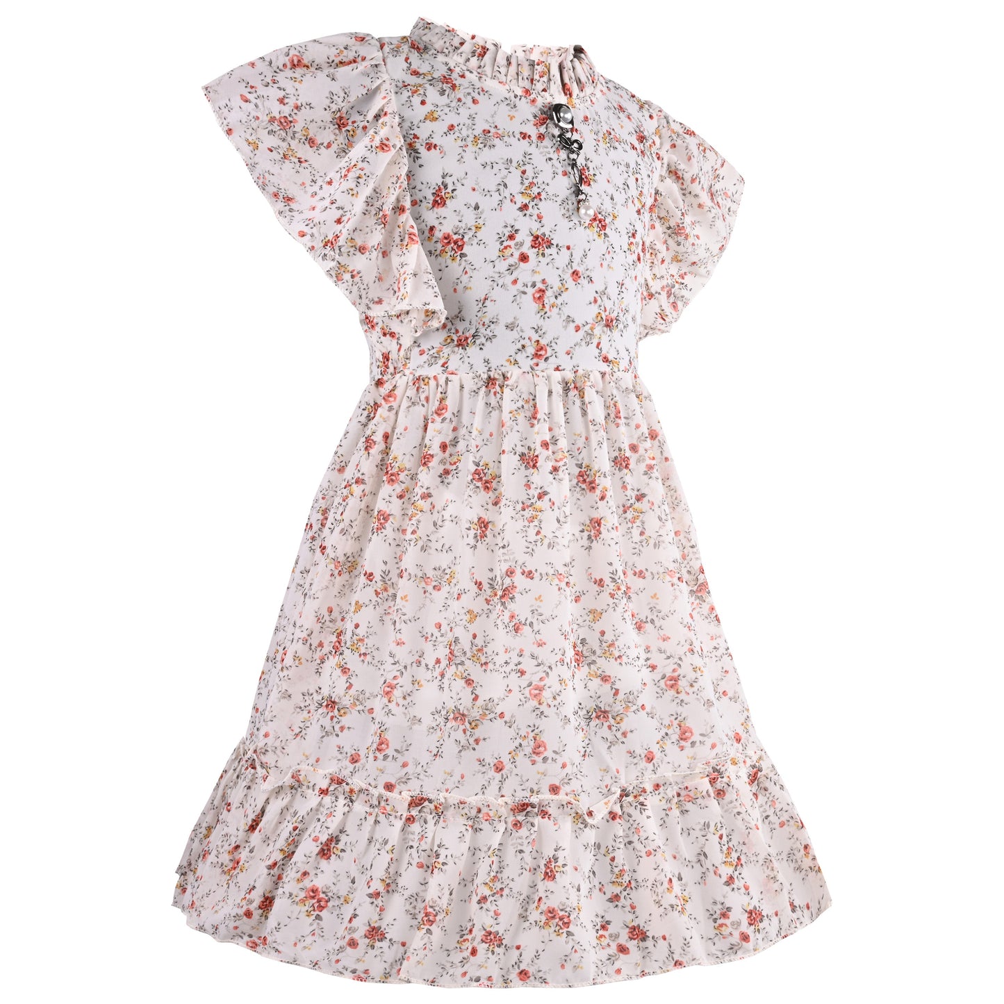 Girls Floral Print Flutter Sleeve Casual Dress
