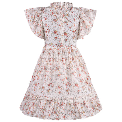 Girls Floral Print Flutter Sleeve Casual Dress
