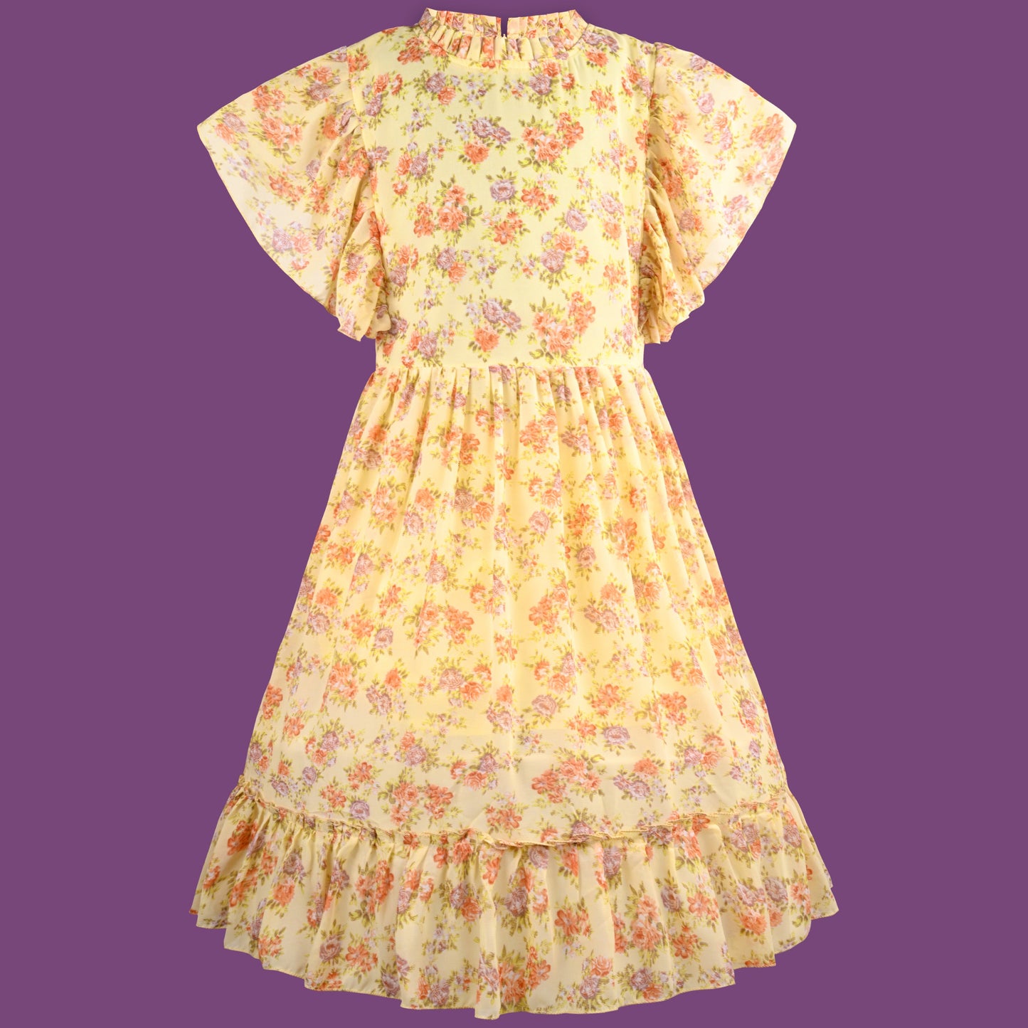 Girls Floral Print Flutter Sleeve Casual Dress