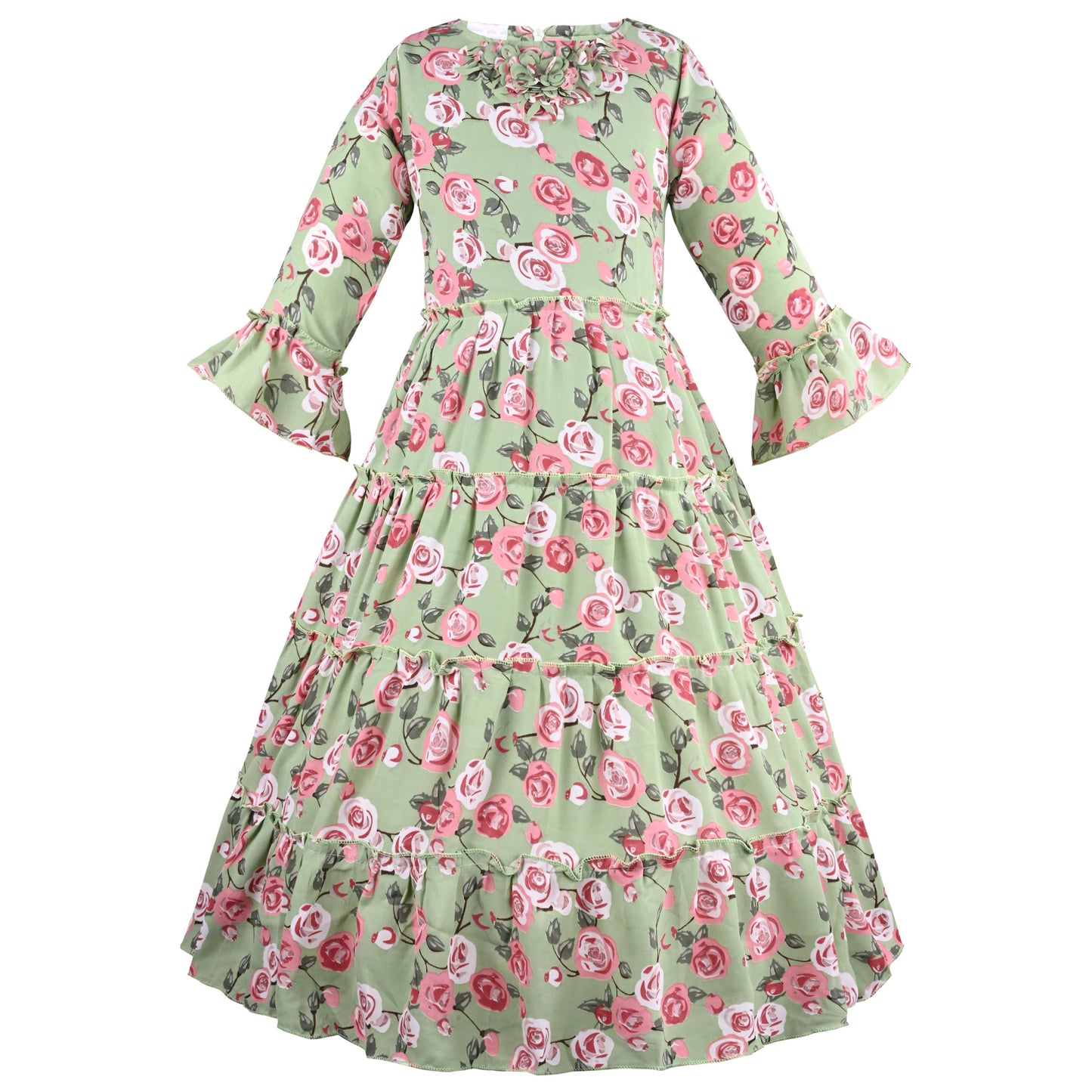 Girls Floral Print Bell Sleeve Fit and Flare Frock Dress