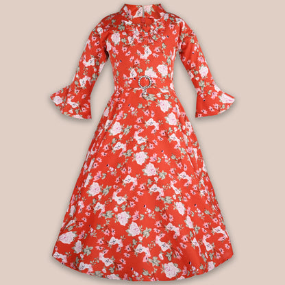 Girls Bell Sleeve Floral Print Fit and Flare Frock Dress
