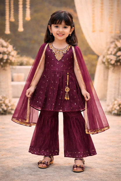 Elegant Satin Ethnic Kurti Set with Sharara & Dupatta