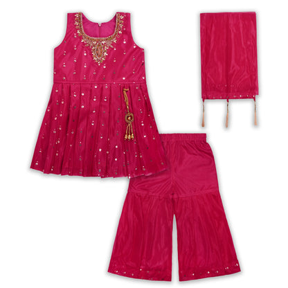 Girls Ethnic Georgette Kurti Set with Sharara & Dupatta – Embellished Party Wear (3-Piece Set)