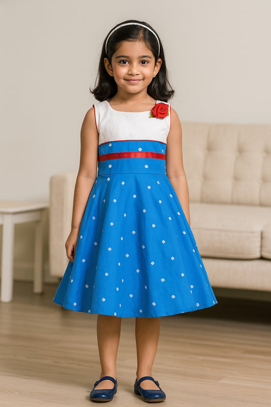 Girls Cotton Printed Floral Applique Summer Dress - Blue