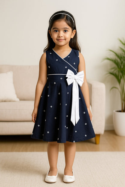 Girls Cotton Printed Summer Dress with Floral Applique