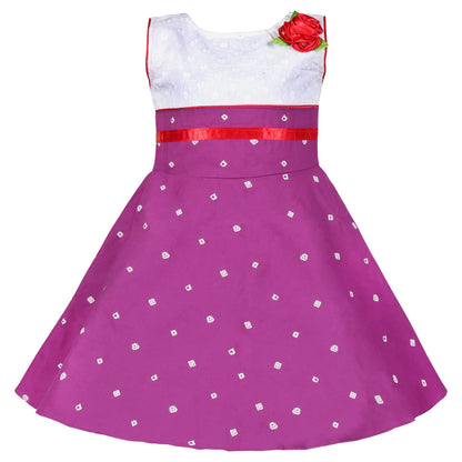 Girls Cotton Printed Summer Dress with Floral Applique