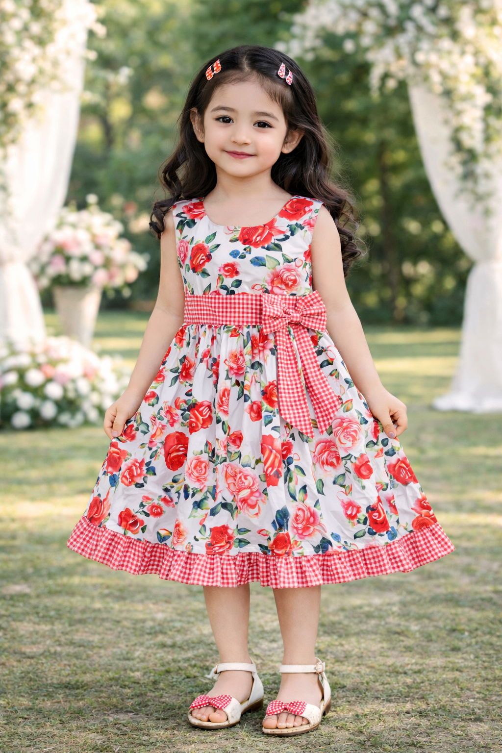 Girls Floral Printed Cotton Frock with Bow Belt