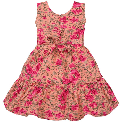 Girls Floral Printed Cotton Frock with Waist Belt