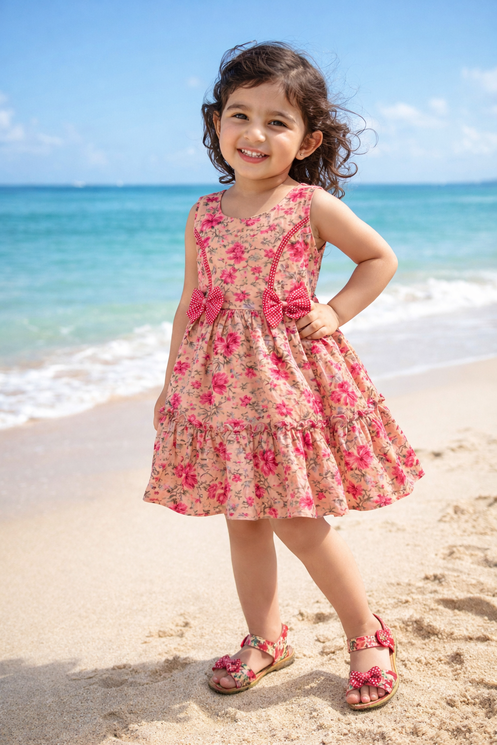 Girls Floral Printed Cotton Frock with Waist Belt