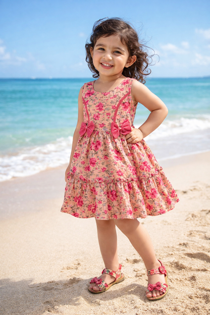 Girls Floral Printed Cotton Frock with Waist Belt