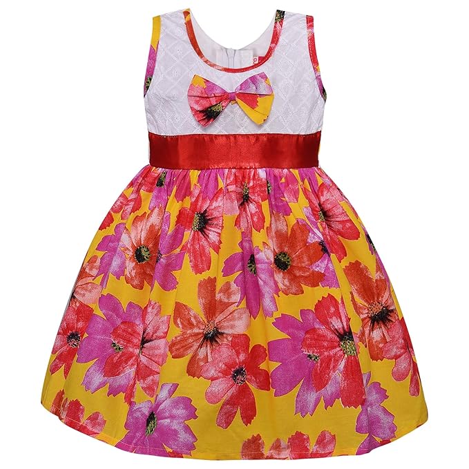 Girls Cotton Floral Party Wear Frock with Bow & Waist Belt