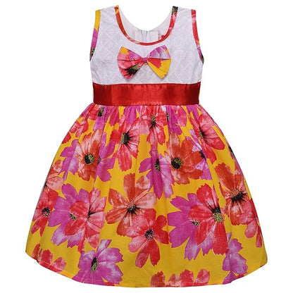 Girls Cotton Floral Party Wear Frock with Bow & Waist Belt