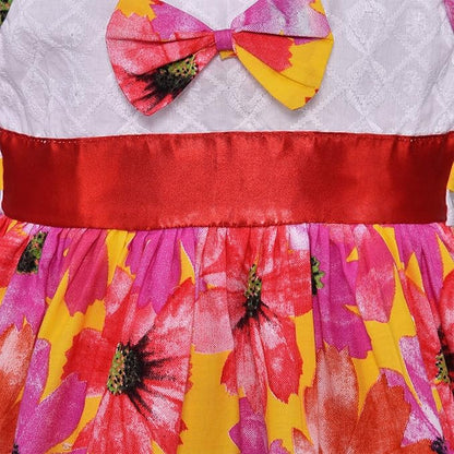 Girls Cotton Floral Party Wear Frock with Bow & Waist Belt