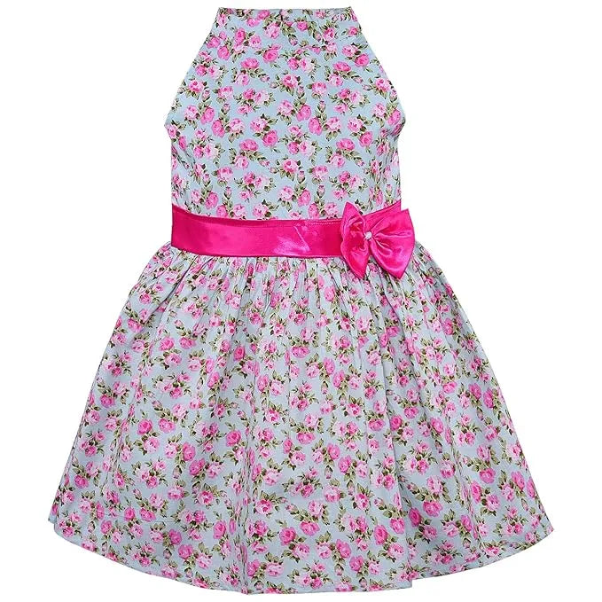 Girls Floral Printed Cotton Halter Neck Frock with Bow Belt