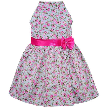 Girls Floral Printed Cotton Halter Neck Frock with Bow Belt