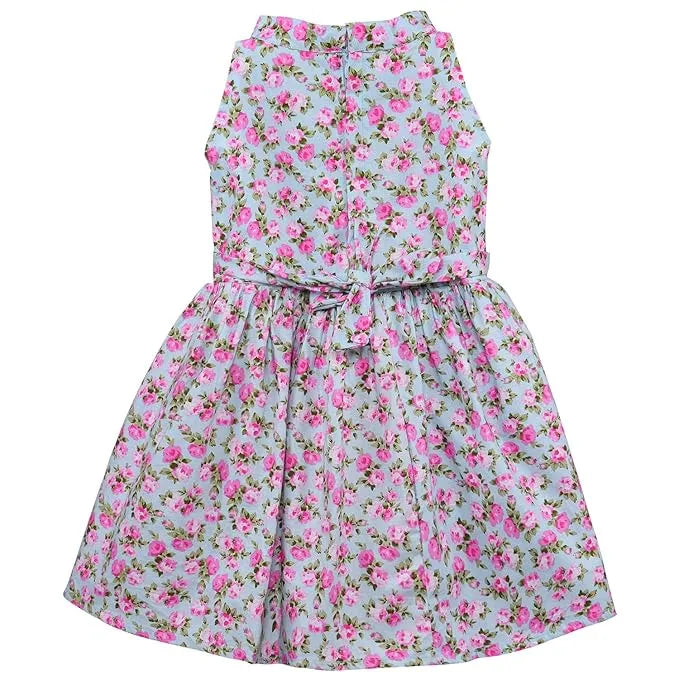 Girls Floral Printed Cotton Halter Neck Frock with Bow Belt