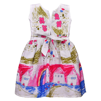 Girls White Printed Cotton Party Dress with Pink Satin Waist Bow
