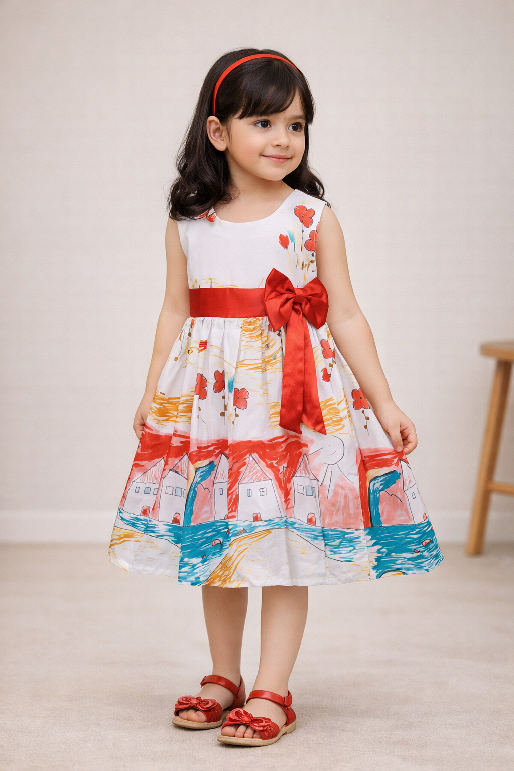 Girls White Printed Cotton Party Dress with Pink Satin Waist Bow