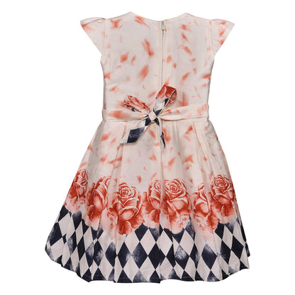 Girls Floral Printed Cotton Cap Sleeve Dress with Decorative Flower Detail