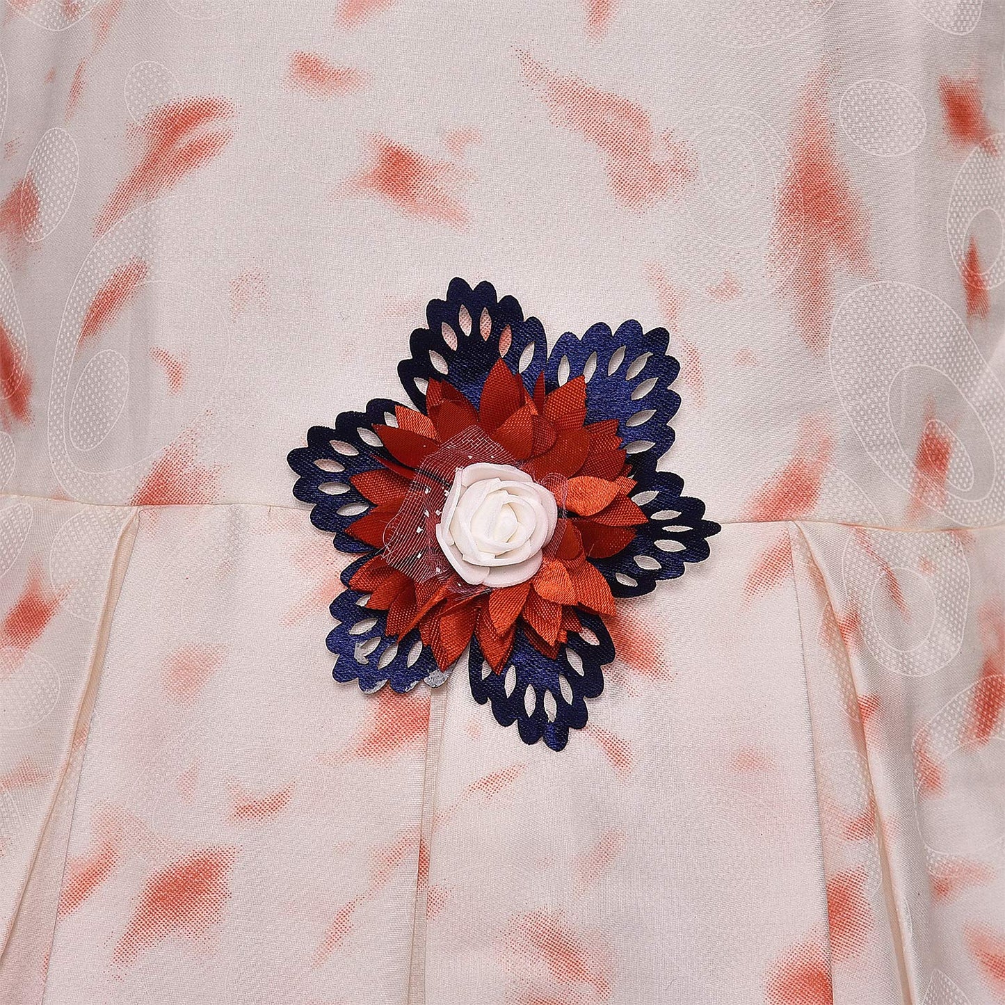 Girls Floral Printed Cotton Cap Sleeve Dress with Decorative Flower Detail