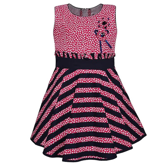 Girls Floral Printed Cotton Sleeveless Dress with Navy Striped Flared Skirt